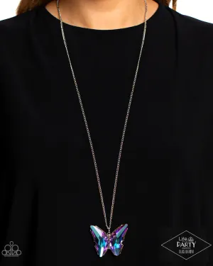 "The Social Butterfly Effect" Silver Metal & Purple UV Shimmer Stone Butterfly Necklace Set