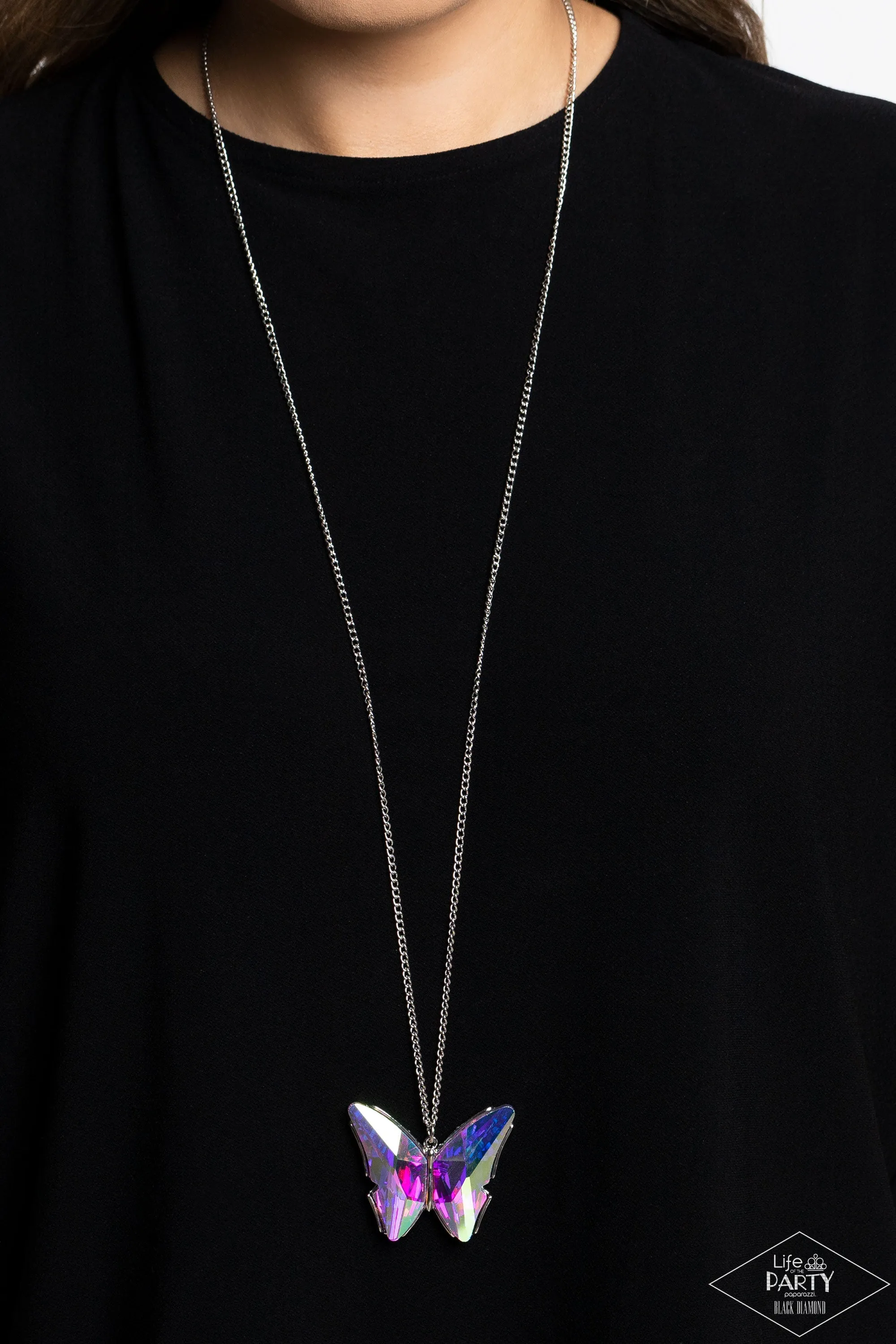 "The Social Butterfly Effect" Silver Metal & UV Iridescent Butterfly Necklace Set