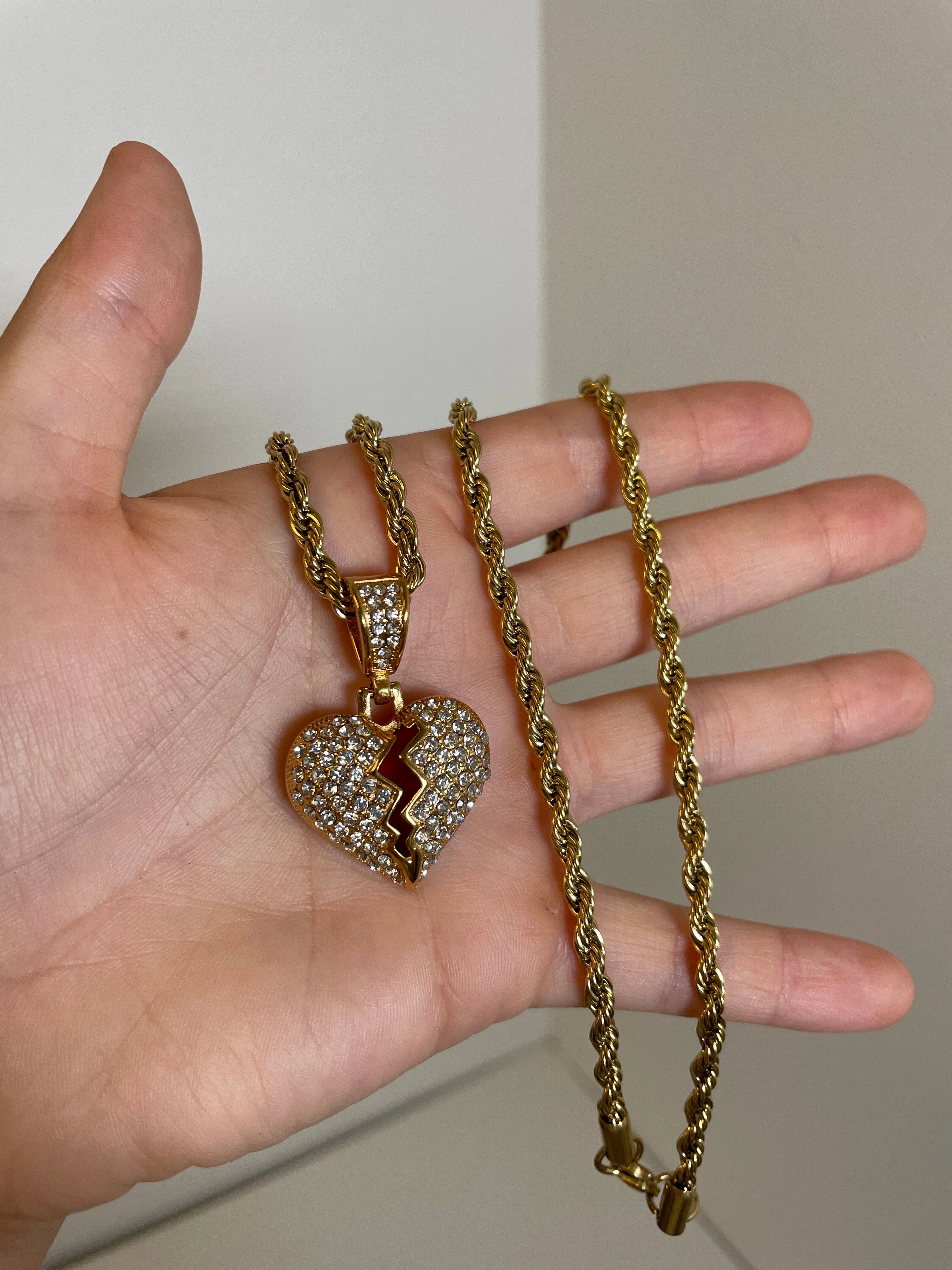 Red Broken Heart Pendant with 14K Gold Filled Rope Necklace 4mm 24" Chain Set