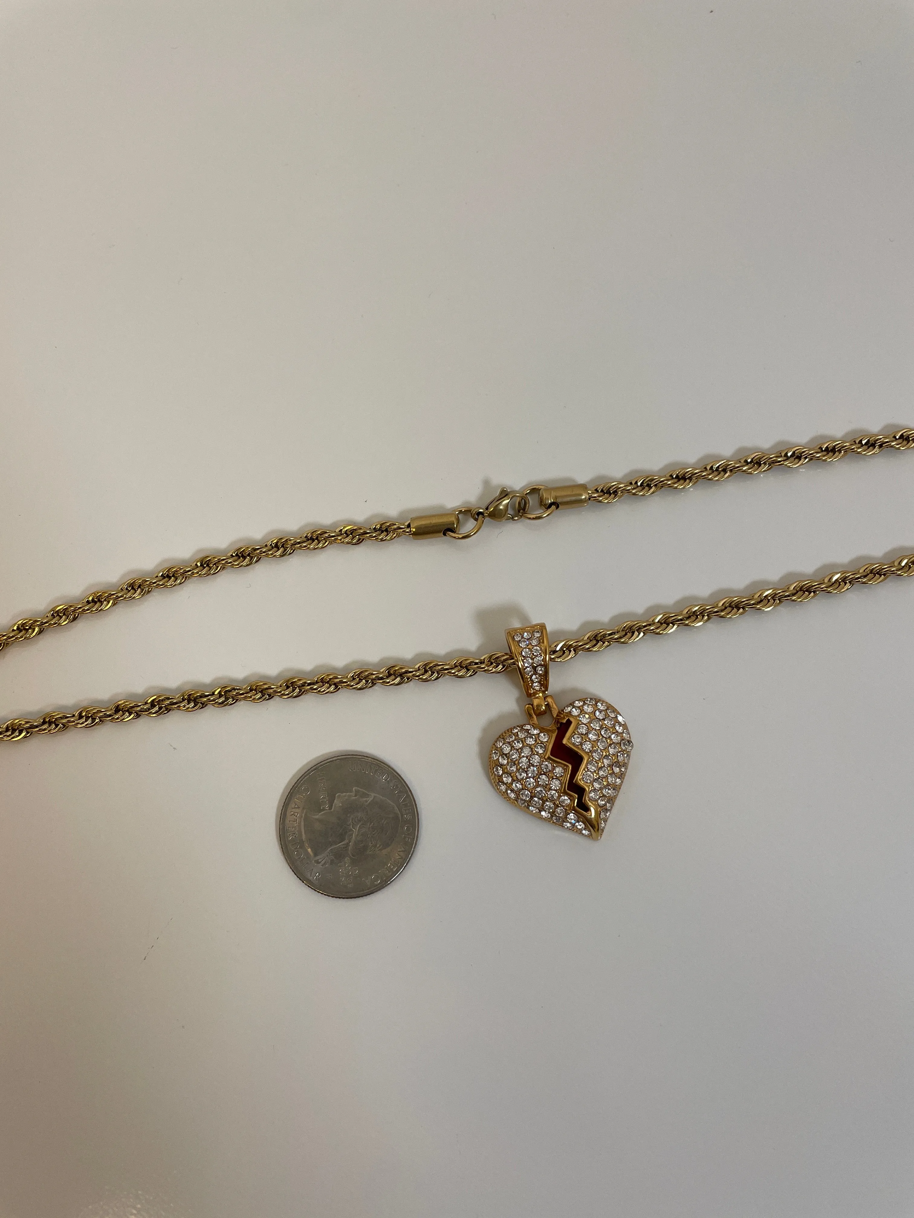 Red Broken Heart Pendant with 14K Gold Filled Rope Necklace 4mm 24" Chain Set