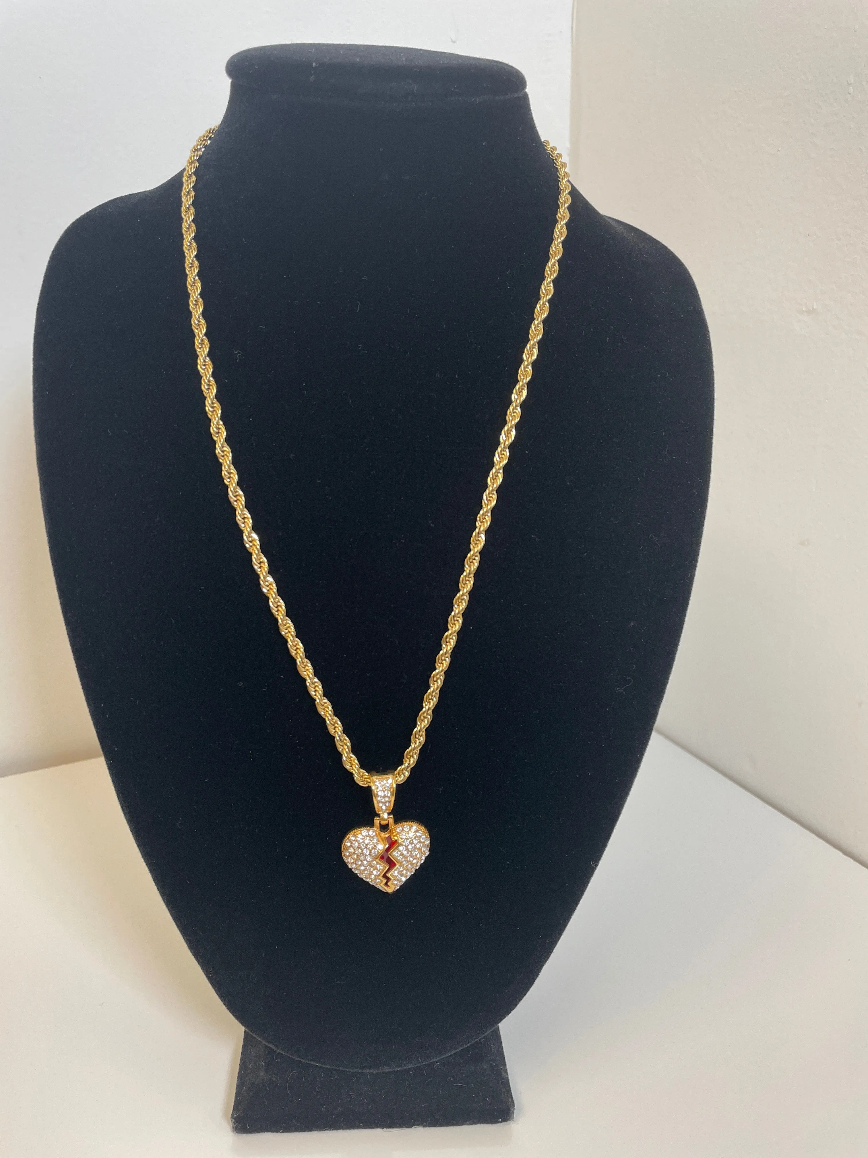 Red Broken Heart Pendant with 14K Gold Filled Rope Necklace 4mm 24" Chain Set
