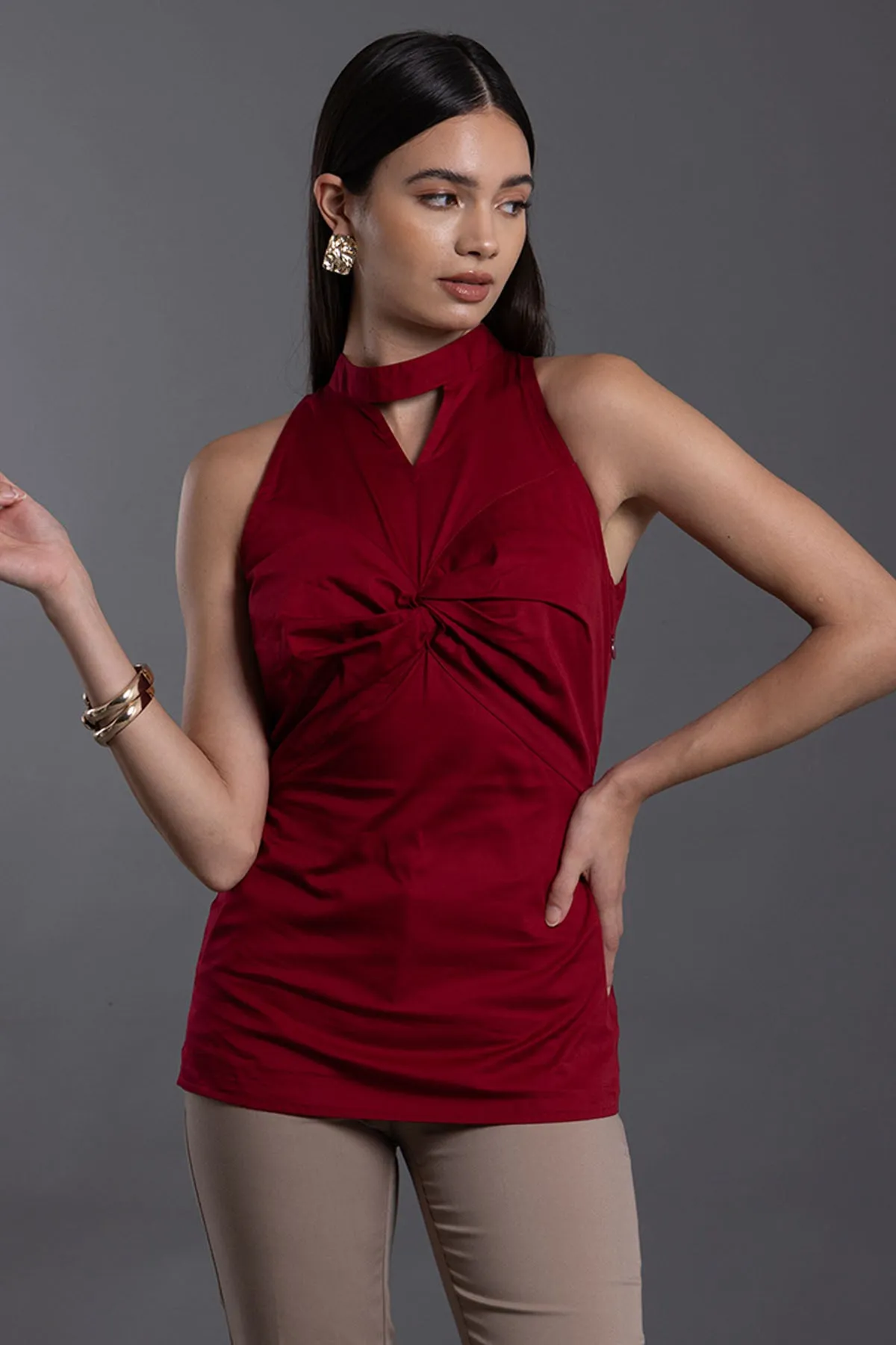 Red Cotton Twill Sleeveless Top