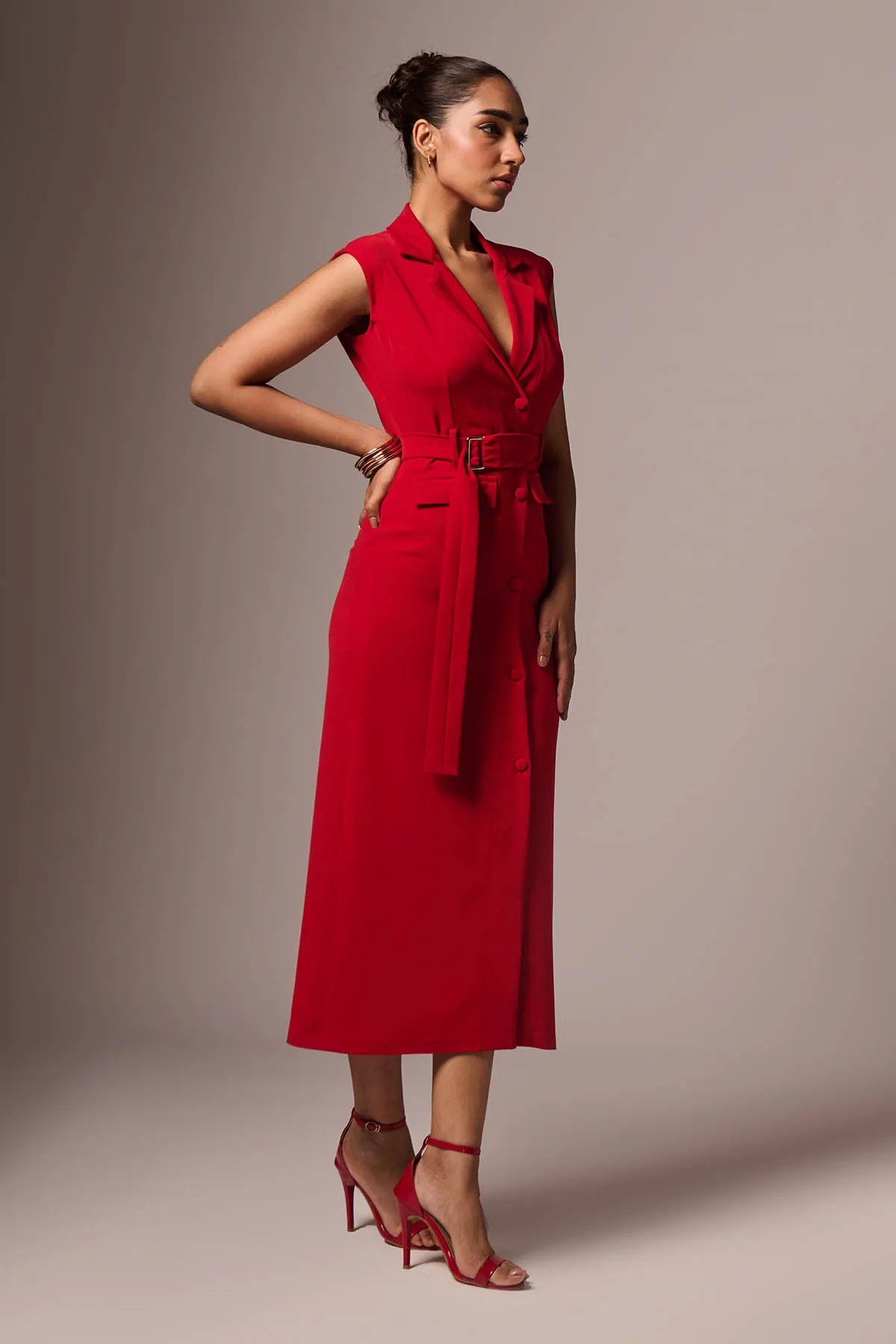 Red Sleeveless Midi Dress & Belt