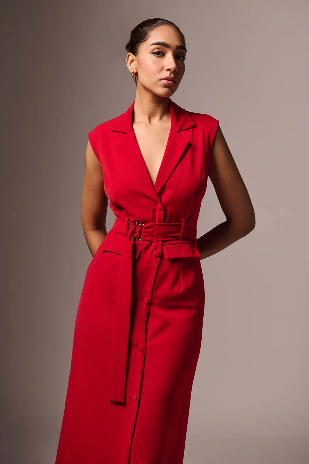 Red Sleeveless Midi Dress & Belt