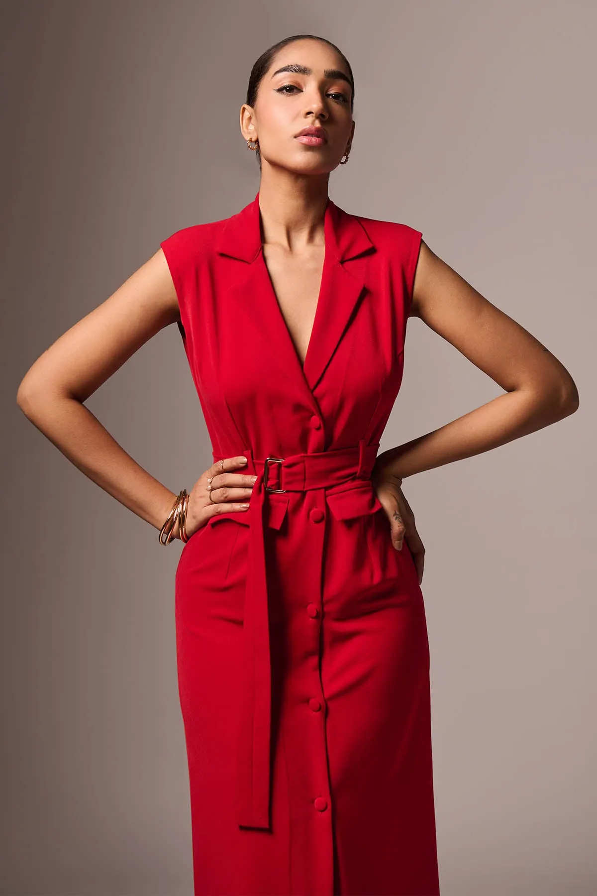 Red Sleeveless Midi Dress & Belt