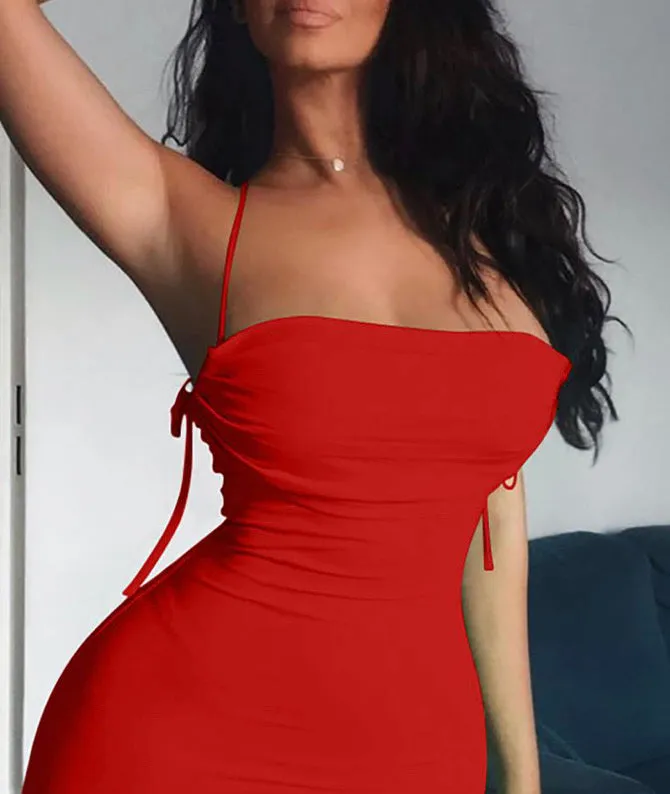 Red  Spaghetti Strap Ruched Detail Backless Bodycon Dress