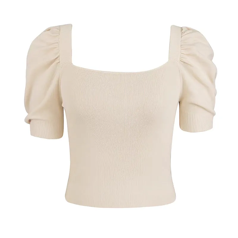 Retro Square Neck Commuting Short Sleeve Sweater