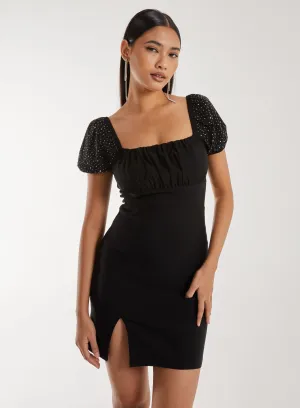 Rhinestone Puff Sleeve Strap Back Dress