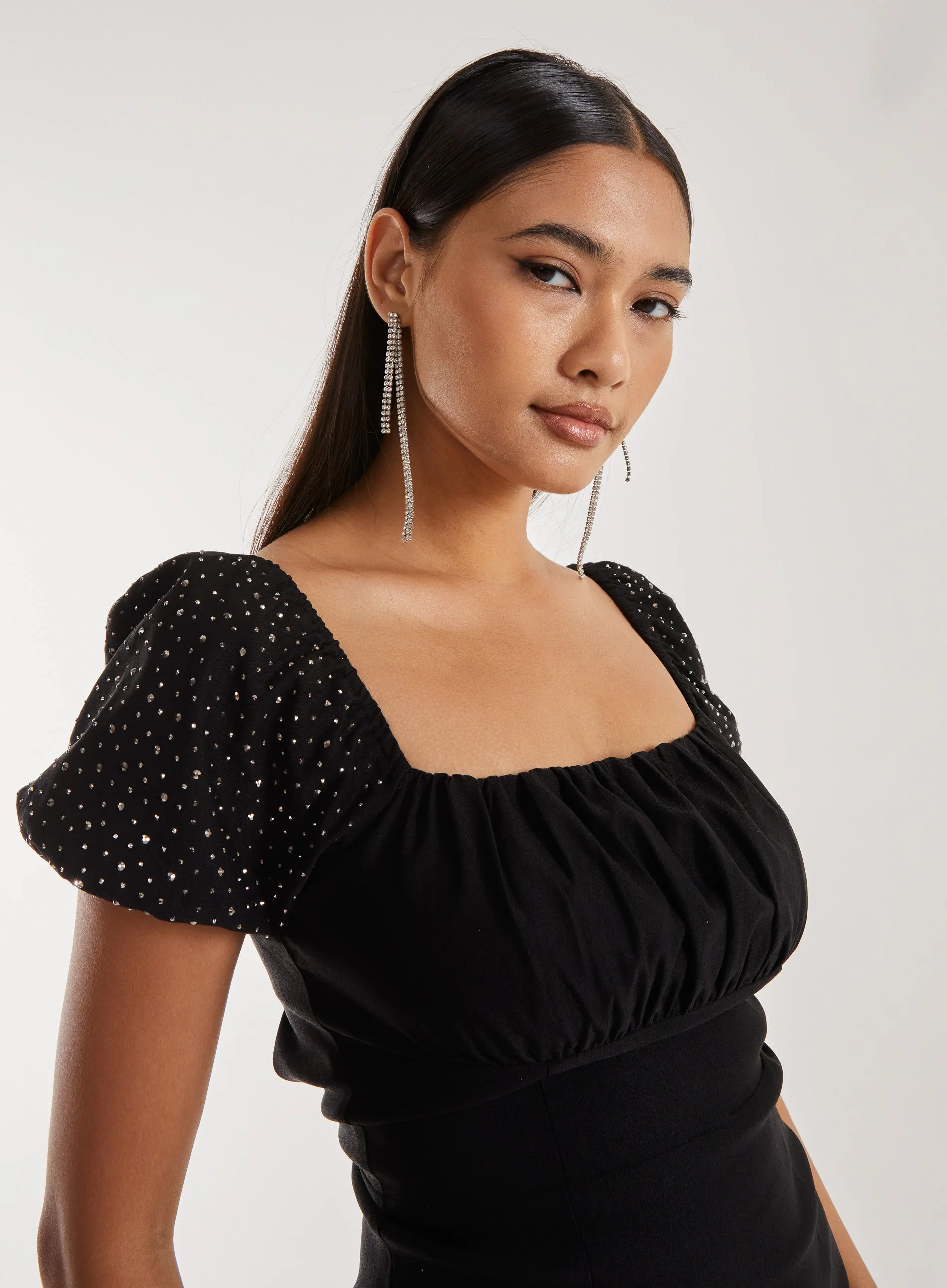 Rhinestone Puff Sleeve Strap Back Dress