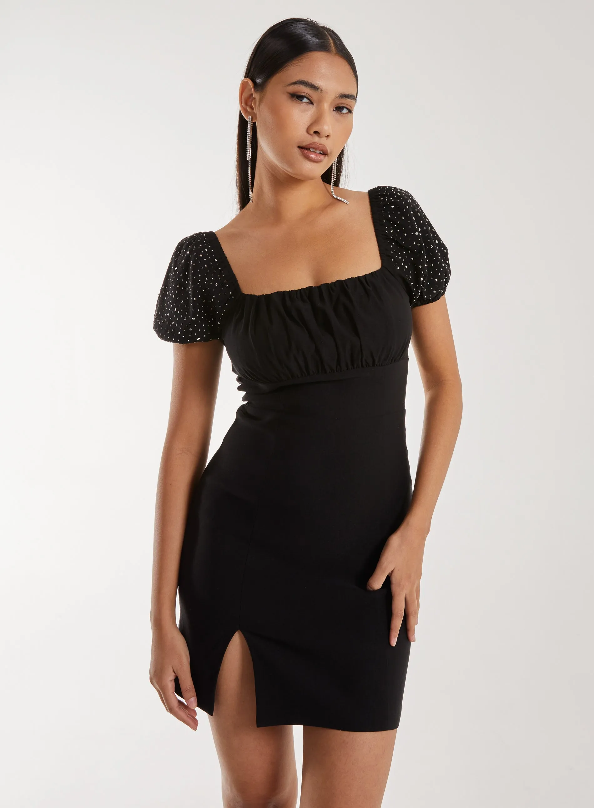 Rhinestone Puff Sleeve Strap Back Dress
