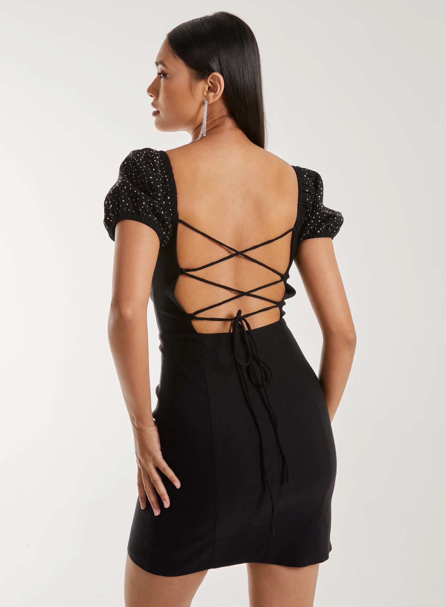 Rhinestone Puff Sleeve Strap Back Dress