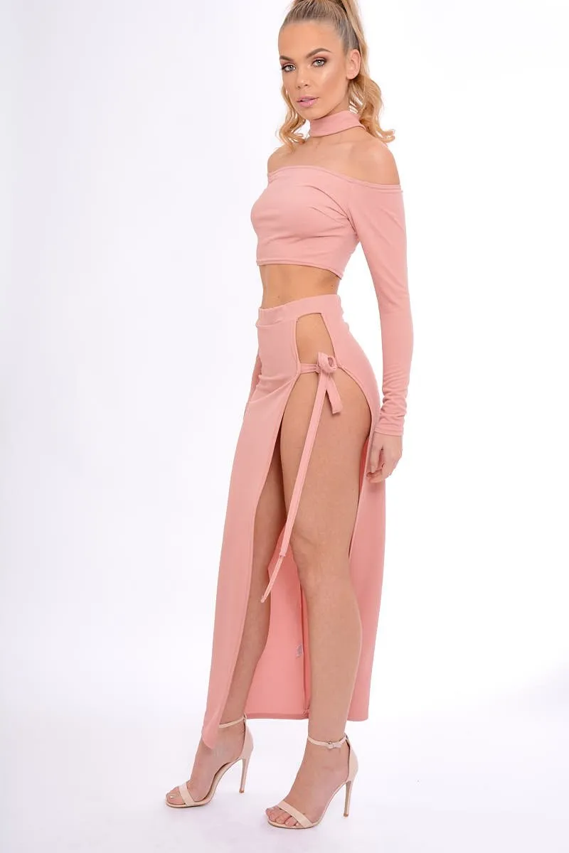 Rose Choker Strap Back Crop Top & Skirt Co-ord Set - Kendall