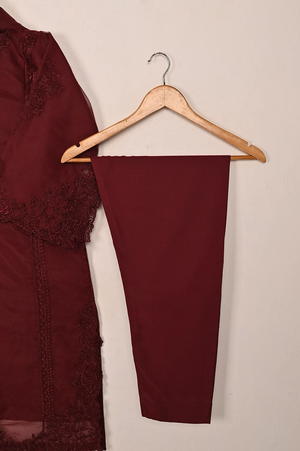 RTW-239-Maroon - 3Pc Ready to Wear Cut Work Embroidered Organza Dress