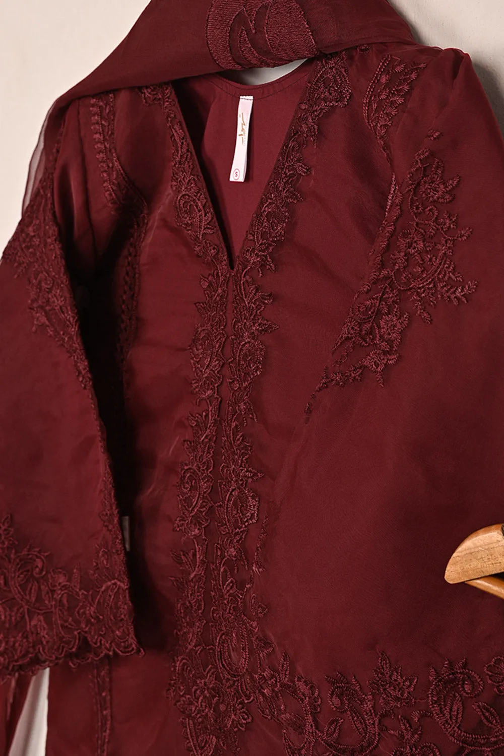 RTW-239-Maroon - 3Pc Ready to Wear Cut Work Embroidered Organza Dress