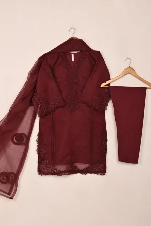 RTW-239-Maroon - 3Pc Ready to Wear Cut Work Embroidered Organza Dress