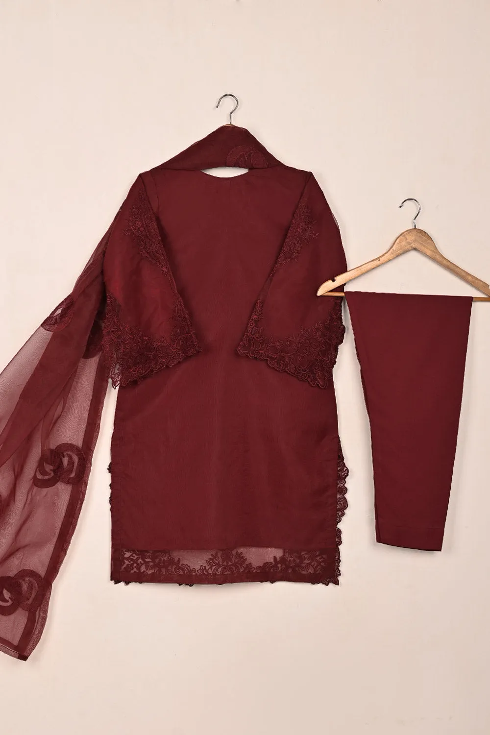 RTW-239-Maroon - 3Pc Ready to Wear Cut Work Embroidered Organza Dress