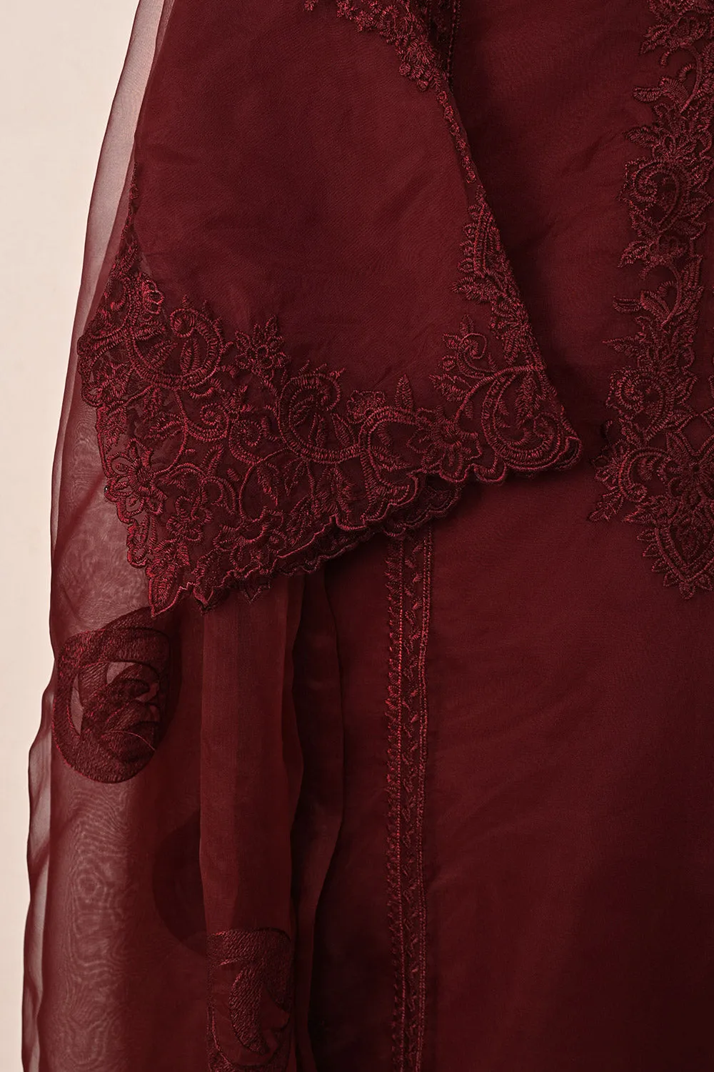 RTW-239-Maroon - 3Pc Ready to Wear Cut Work Embroidered Organza Dress