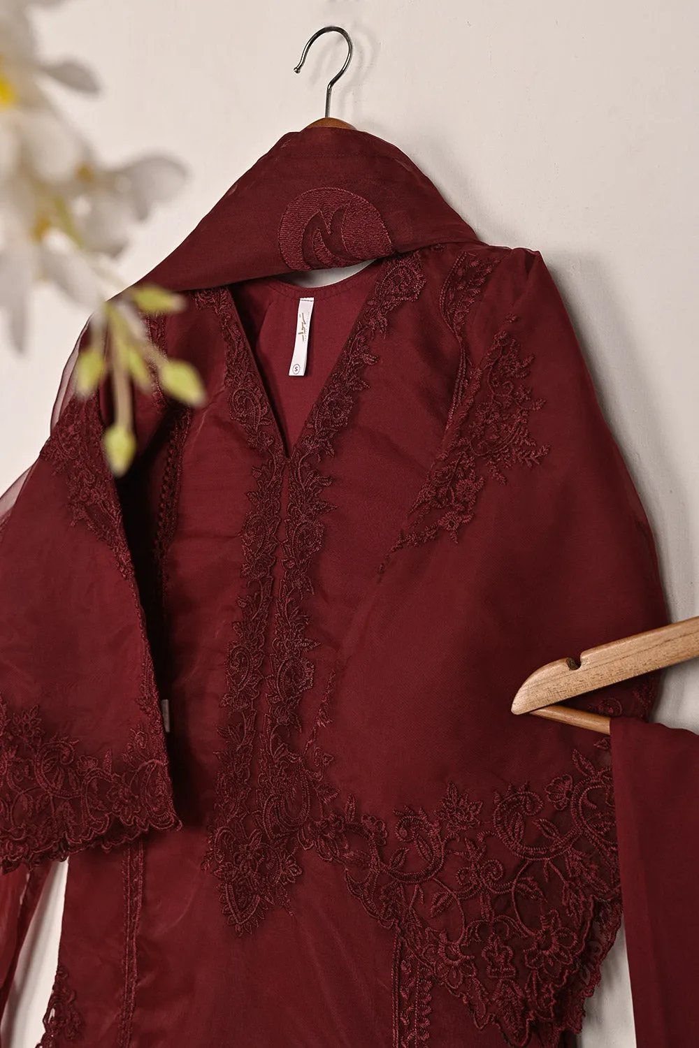 RTW-239-Maroon - 3Pc Ready to Wear Cut Work Embroidered Organza Dress