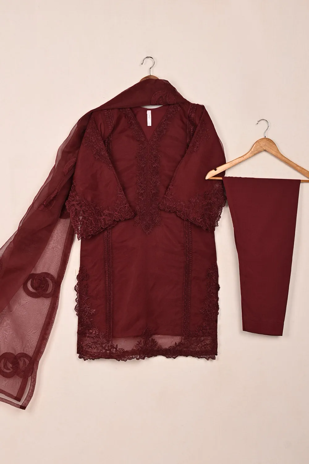 RTW-239-Maroon - 3Pc Ready to Wear Cut Work Embroidered Organza Dress