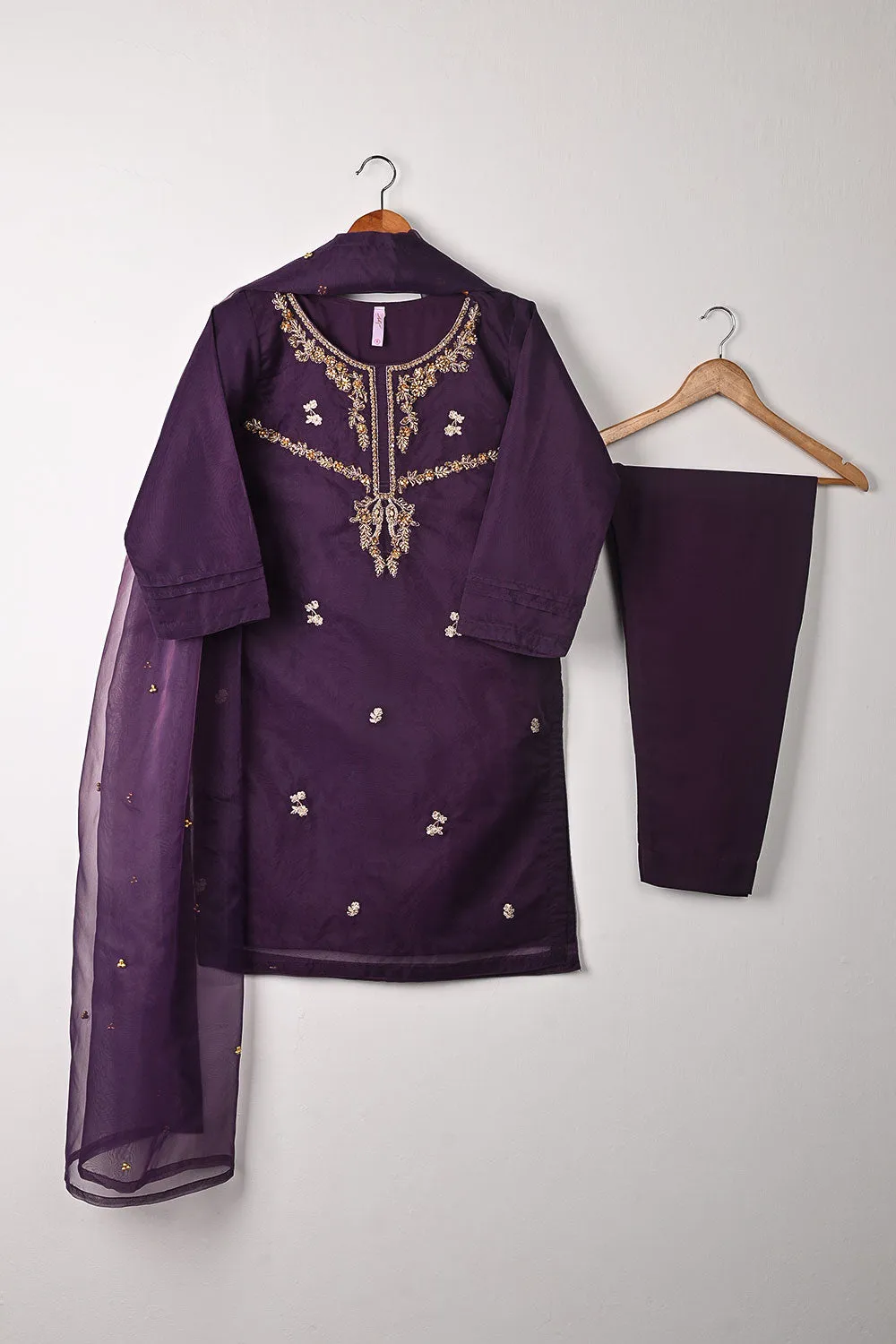 RTW-267-Purple - 3Pc Ready to Wear Embroidered Premium Adda Work Organza Dress