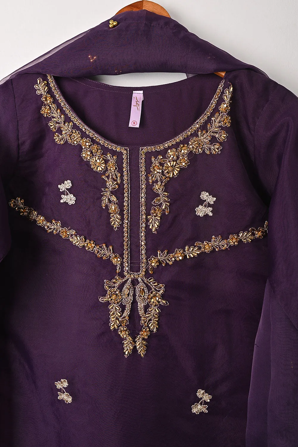 RTW-267-Purple - 3Pc Ready to Wear Embroidered Premium Adda Work Organza Dress