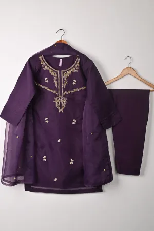 RTW-267-Purple - 3Pc Ready to Wear Embroidered Premium Adda Work Organza Dress