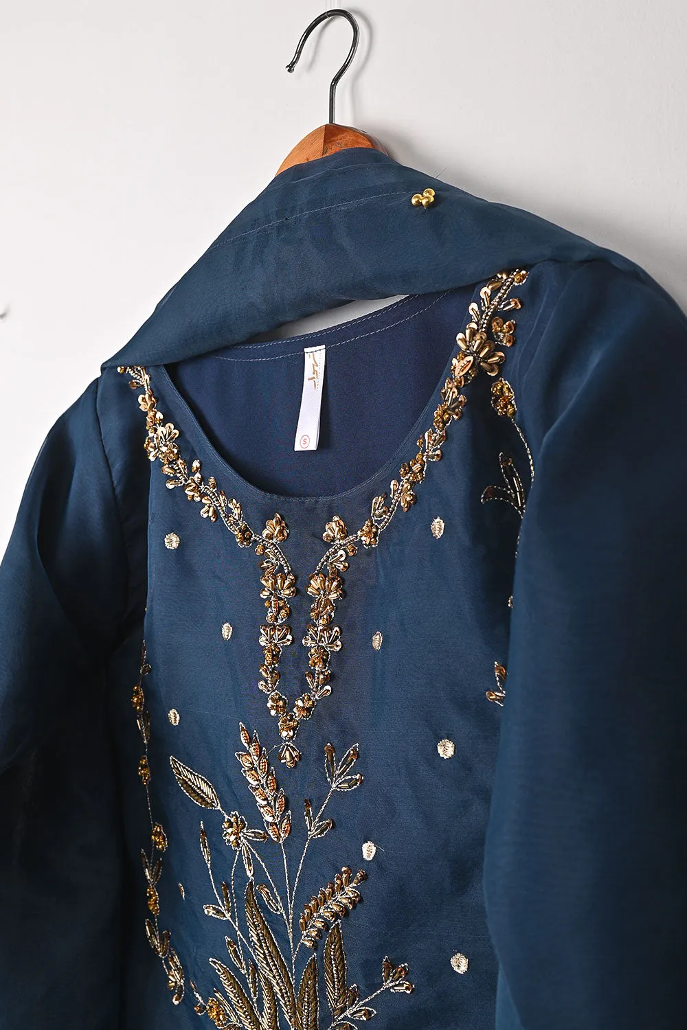 RTW-292-NavyBlue - 3Pc Ready to Wear Embroidered Premium Adda Work Organza Dress