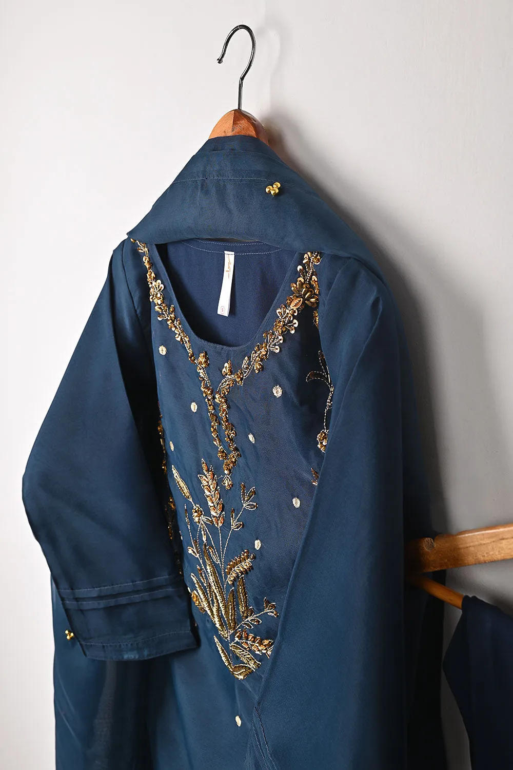 RTW-292-NavyBlue - 3Pc Ready to Wear Embroidered Premium Adda Work Organza Dress