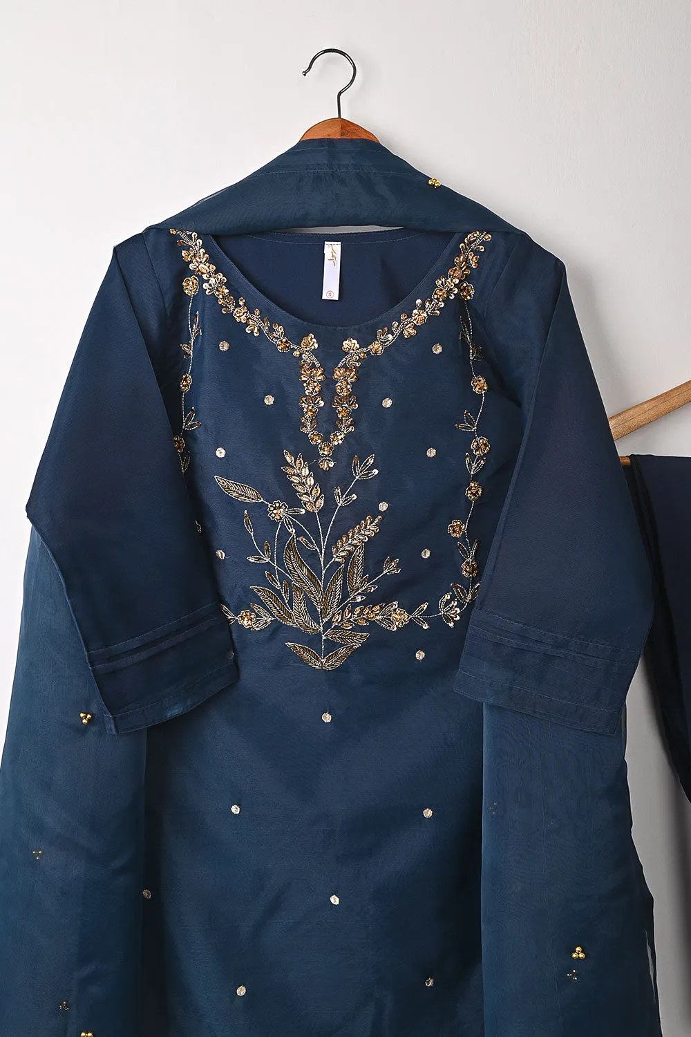RTW-292-NavyBlue - 3Pc Ready to Wear Embroidered Premium Adda Work Organza Dress