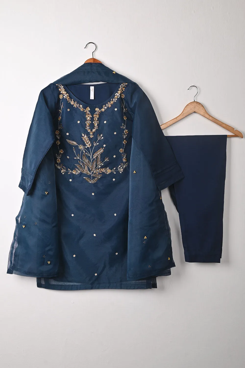 RTW-292-NavyBlue - 3Pc Ready to Wear Embroidered Premium Adda Work Organza Dress