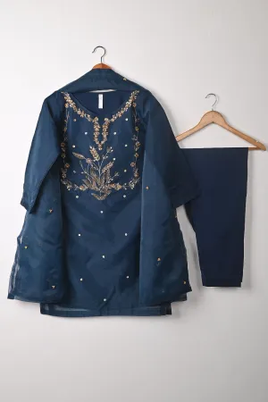 RTW-292-NavyBlue - 3Pc Ready to Wear Embroidered Premium Adda Work Organza Dress