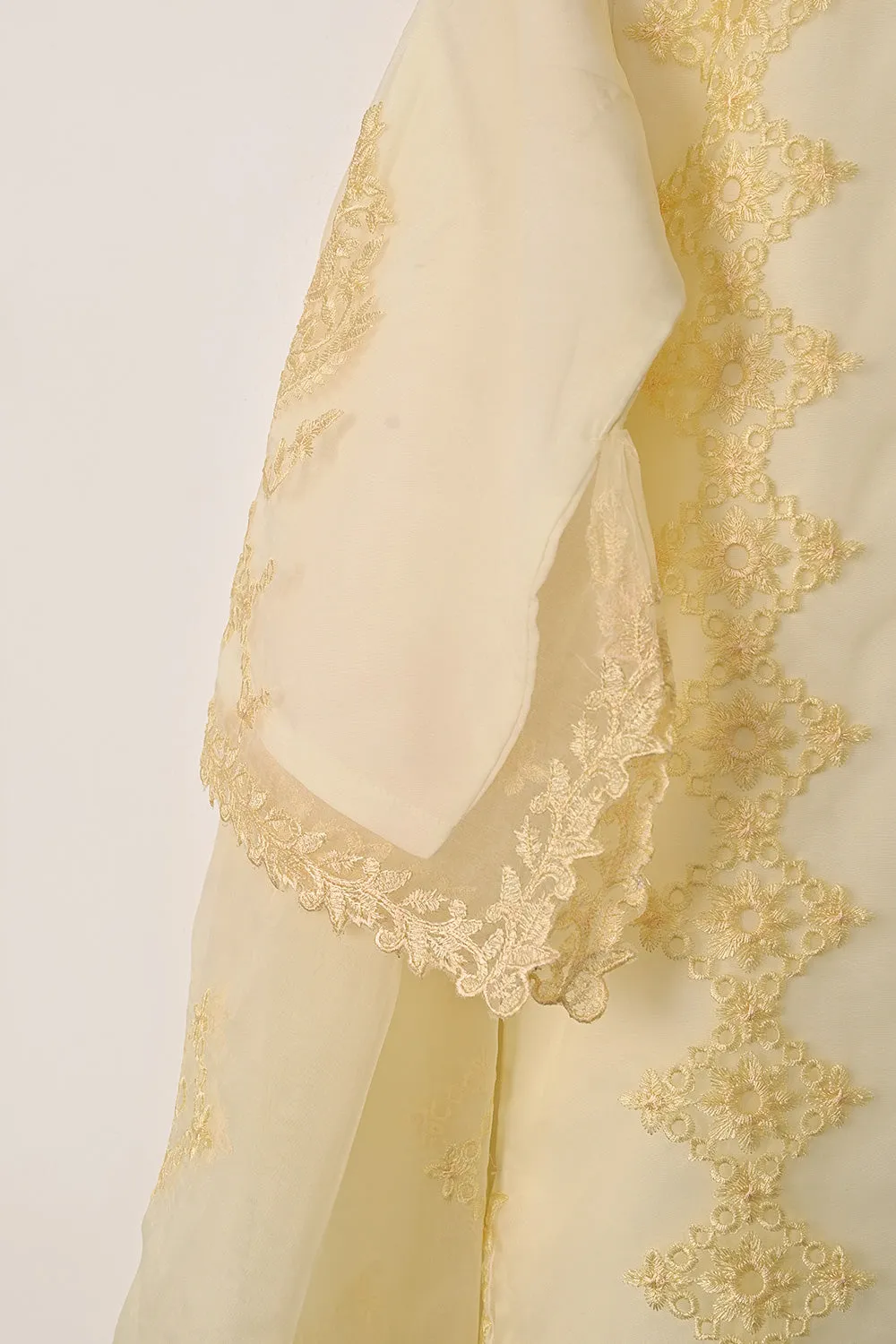 RTW-294-Cream - 3Pc Ready to Wear Cut Work Embroidered Organza Dress
