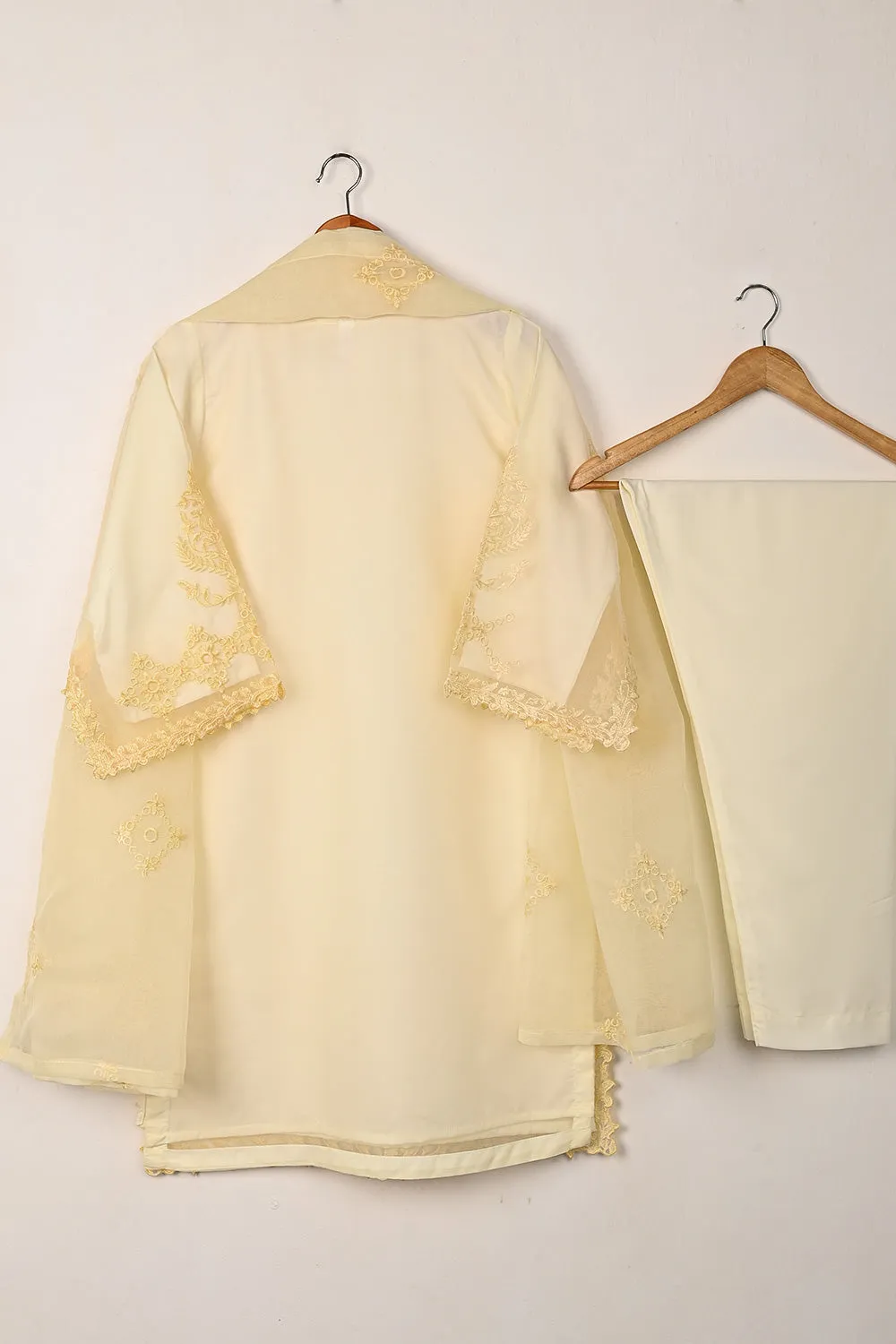RTW-294-Cream - 3Pc Ready to Wear Cut Work Embroidered Organza Dress