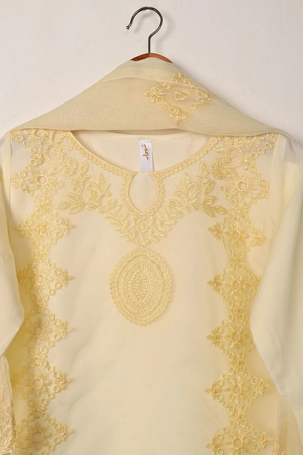RTW-294-Cream - 3Pc Ready to Wear Cut Work Embroidered Organza Dress