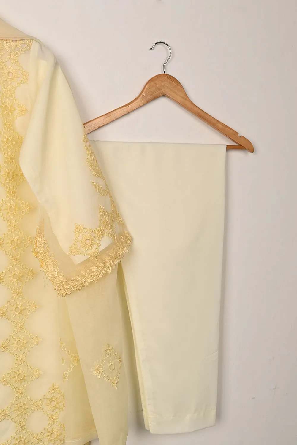 RTW-294-Cream - 3Pc Ready to Wear Cut Work Embroidered Organza Dress
