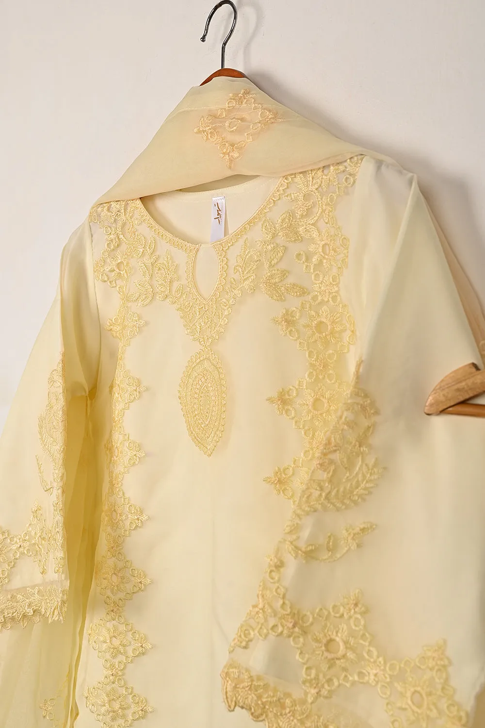 RTW-294-Cream - 3Pc Ready to Wear Cut Work Embroidered Organza Dress