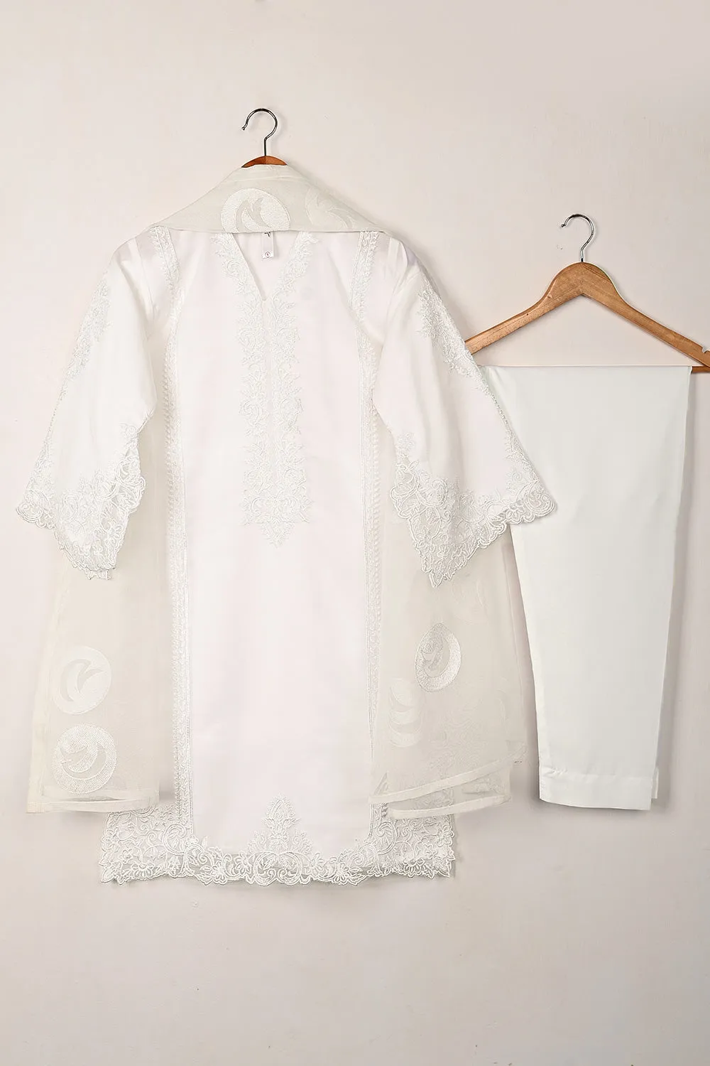 RTW-295-OFF White - 3Pc Ready to Wear Cut Work Embroidered Organza Dress
