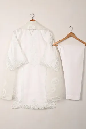 RTW-295-OFF White - 3Pc Ready to Wear Cut Work Embroidered Organza Dress