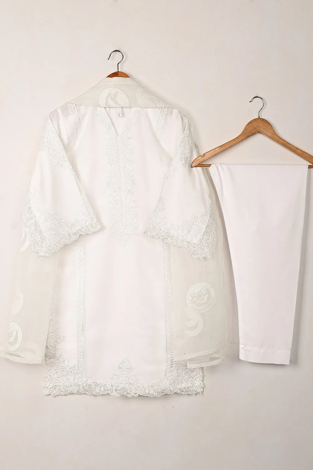 RTW-295-OFF White - 3Pc Ready to Wear Cut Work Embroidered Organza Dress