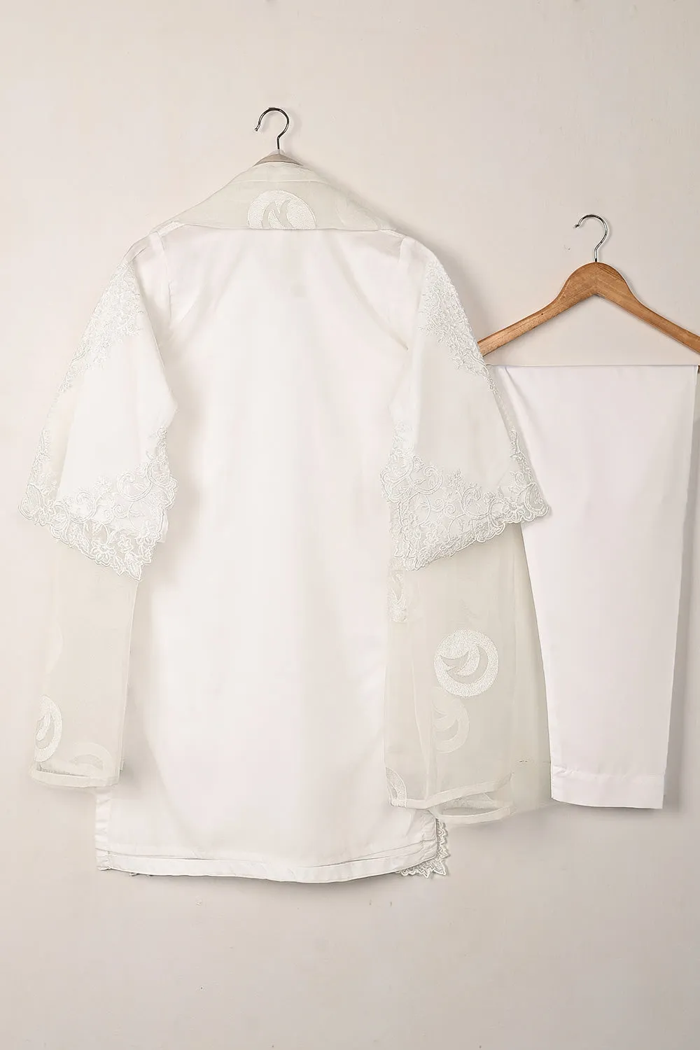 RTW-295-OFF White - 3Pc Ready to Wear Cut Work Embroidered Organza Dress