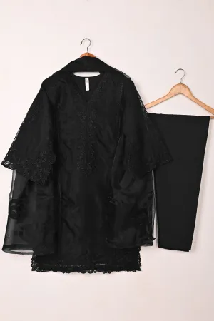 RTW-297-Black - 3Pc Ready to Wear Cut Work Embroidered Organza Dress