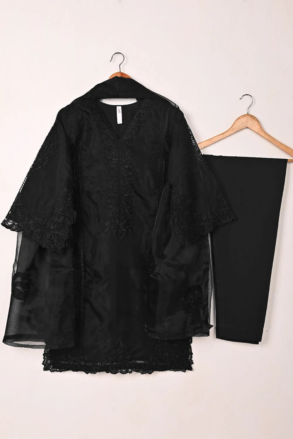 RTW-297-Black - 3Pc Ready to Wear Cut Work Embroidered Organza Dress