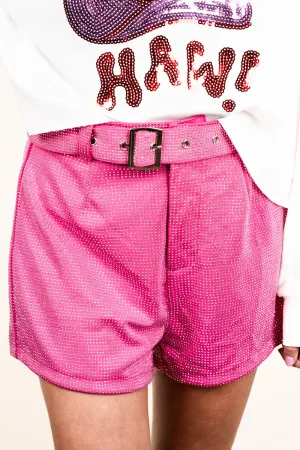 Saturday Shimmer Pink Crystal Belted Shorts