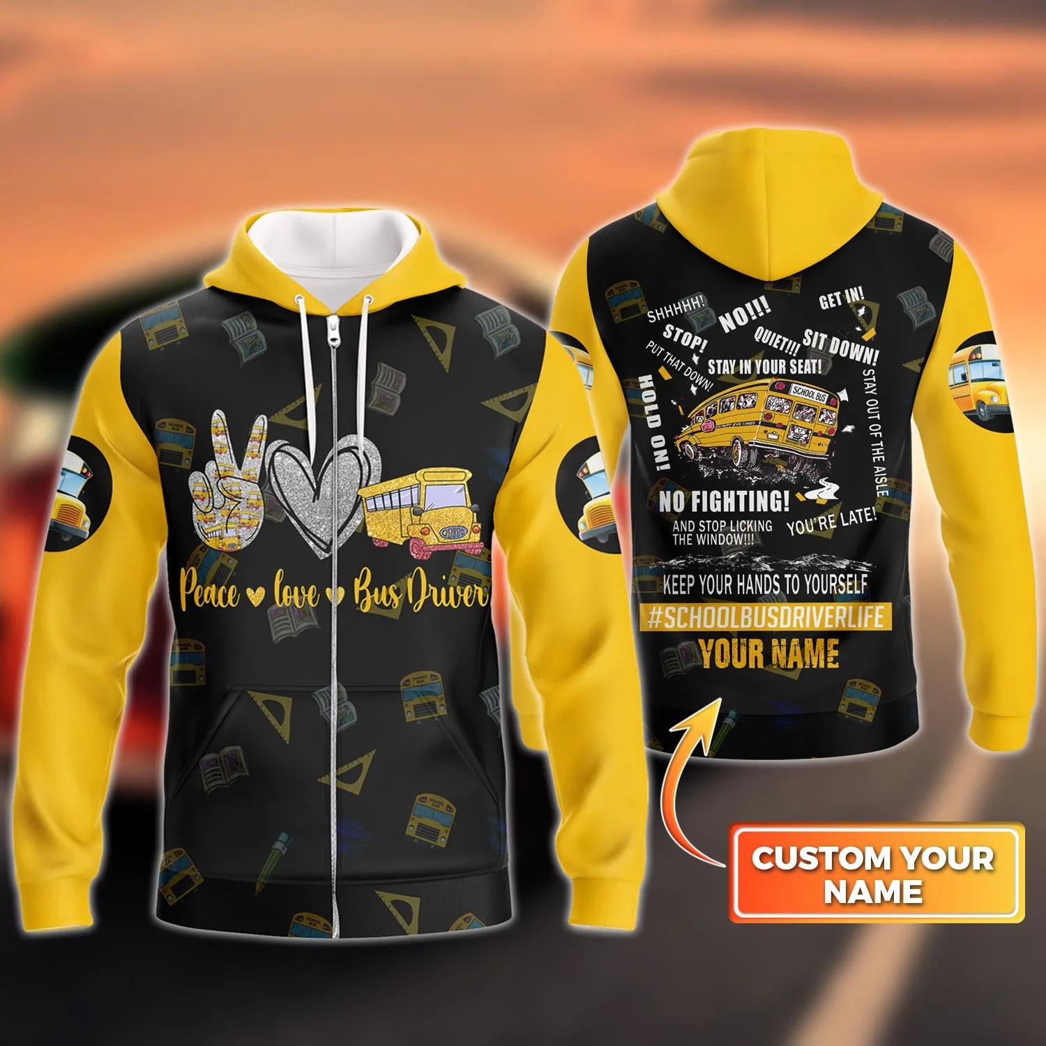 School Bus Driver, Personalized Name 3D Zipper Hoodie 10
