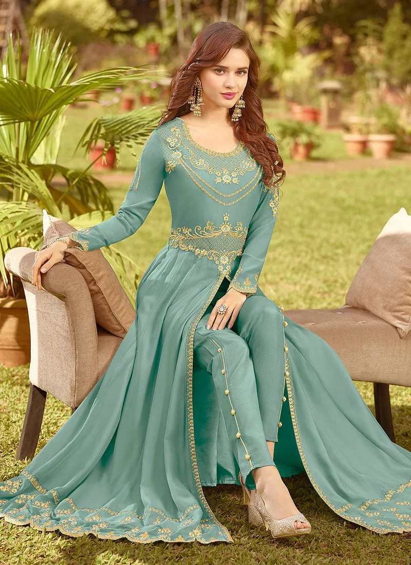 Sea Blue Golden Embroidered Slit Style Anarkali Suit