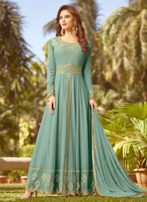 Sea Blue Golden Embroidered Slit Style Anarkali Suit