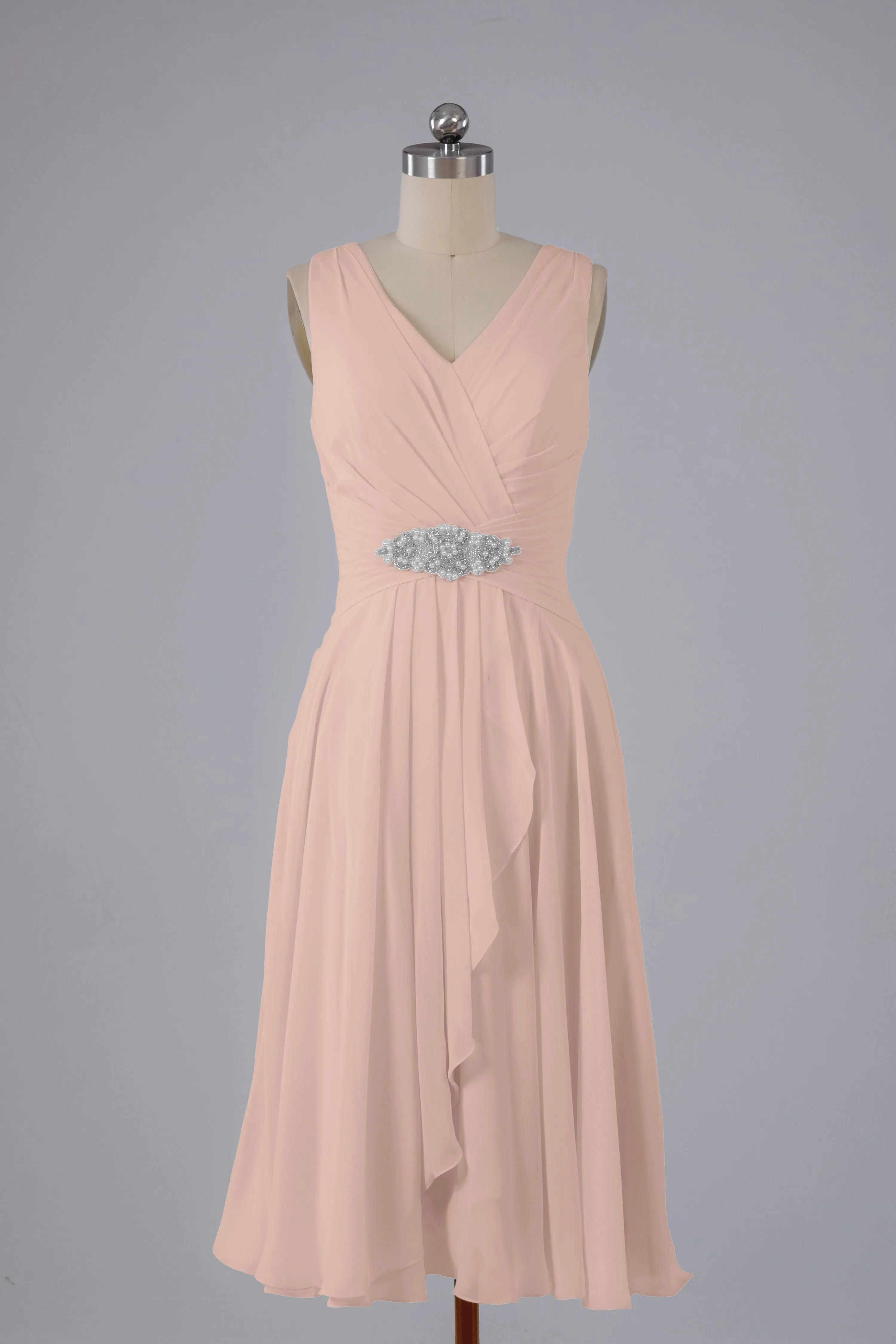 Simple V Neck Knee Length Bridesmaid Dresses with Pearls