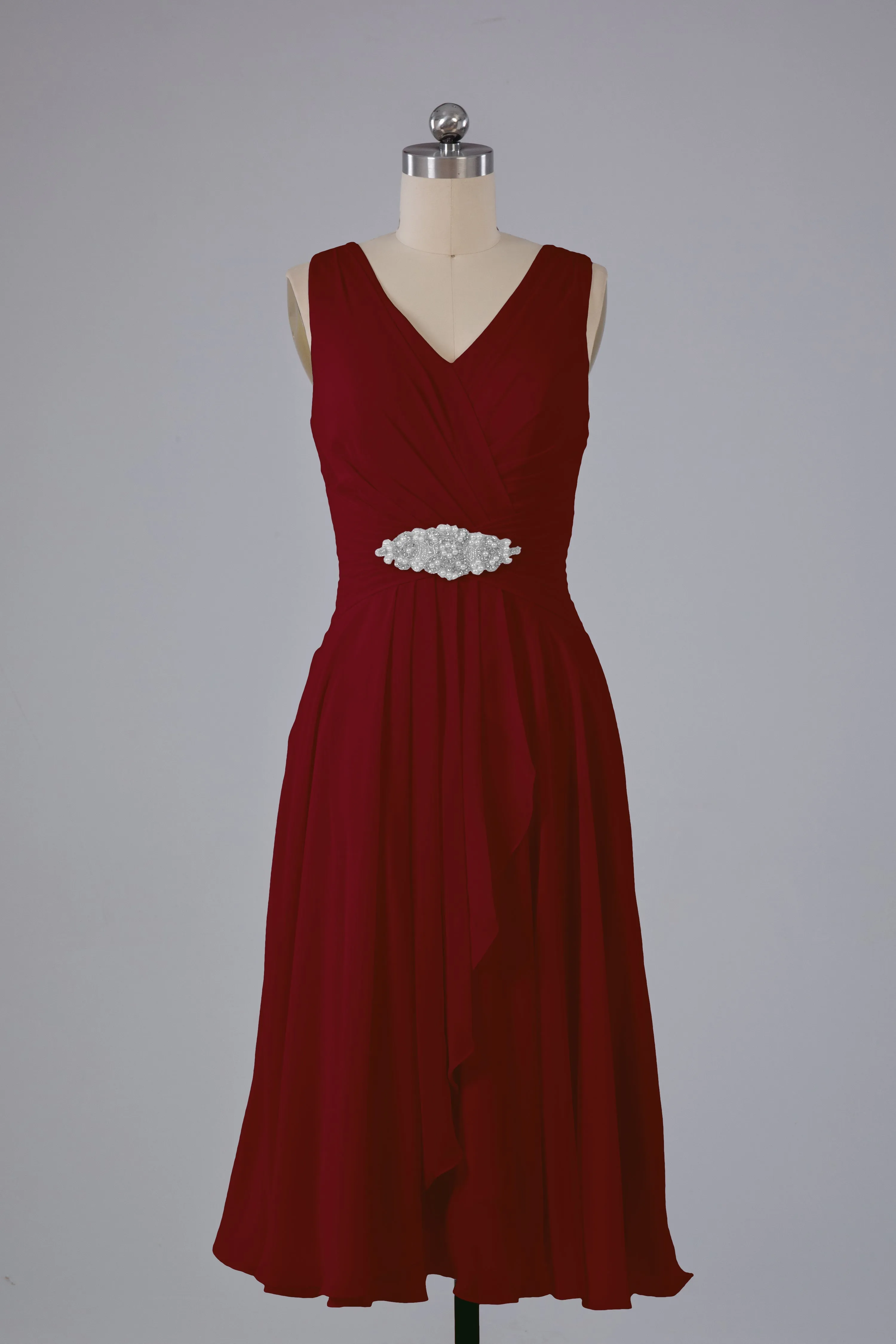 Simple V Neck Knee Length Bridesmaid Dresses with Pearls