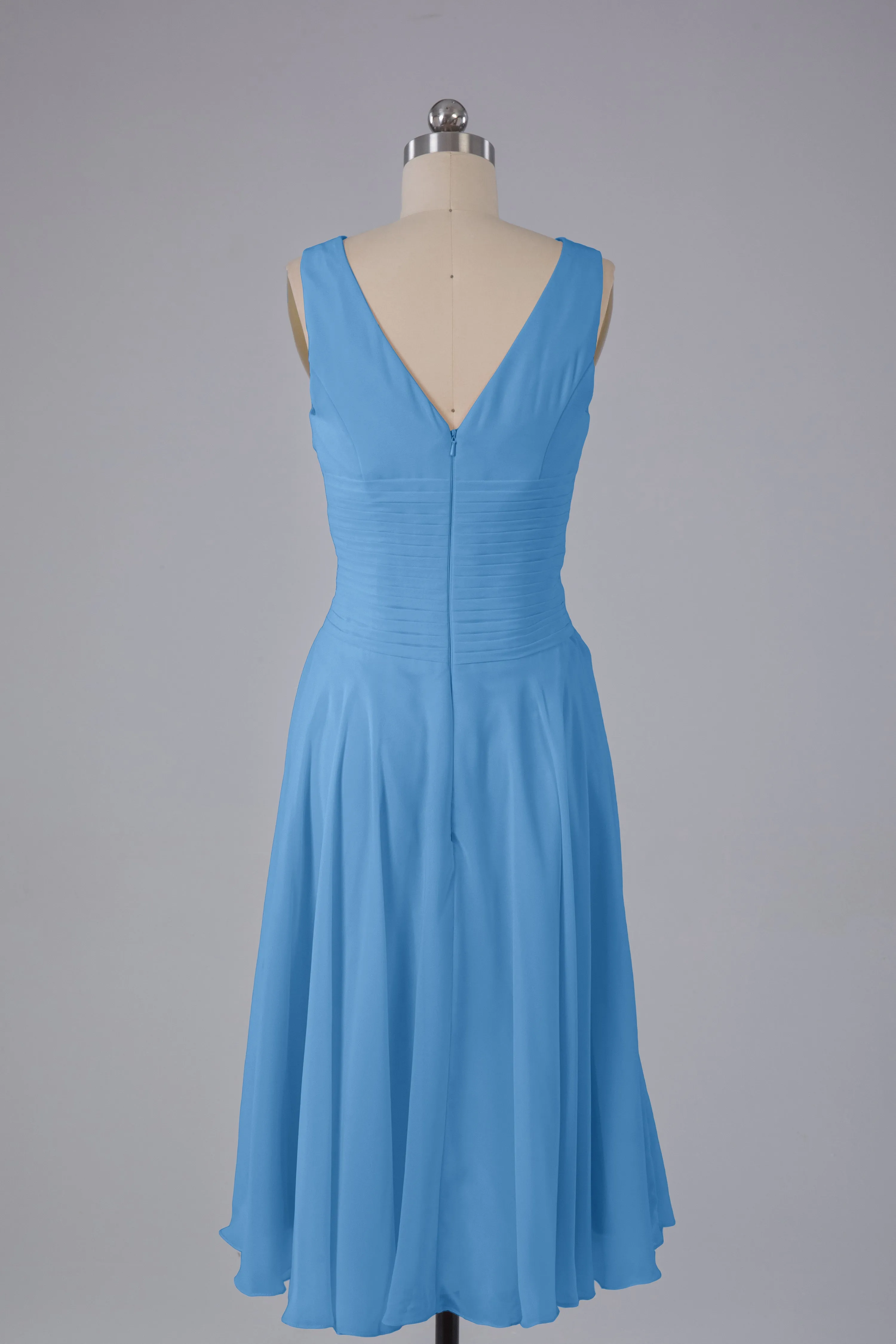 Simple V Neck Knee Length Bridesmaid Dresses with Pearls