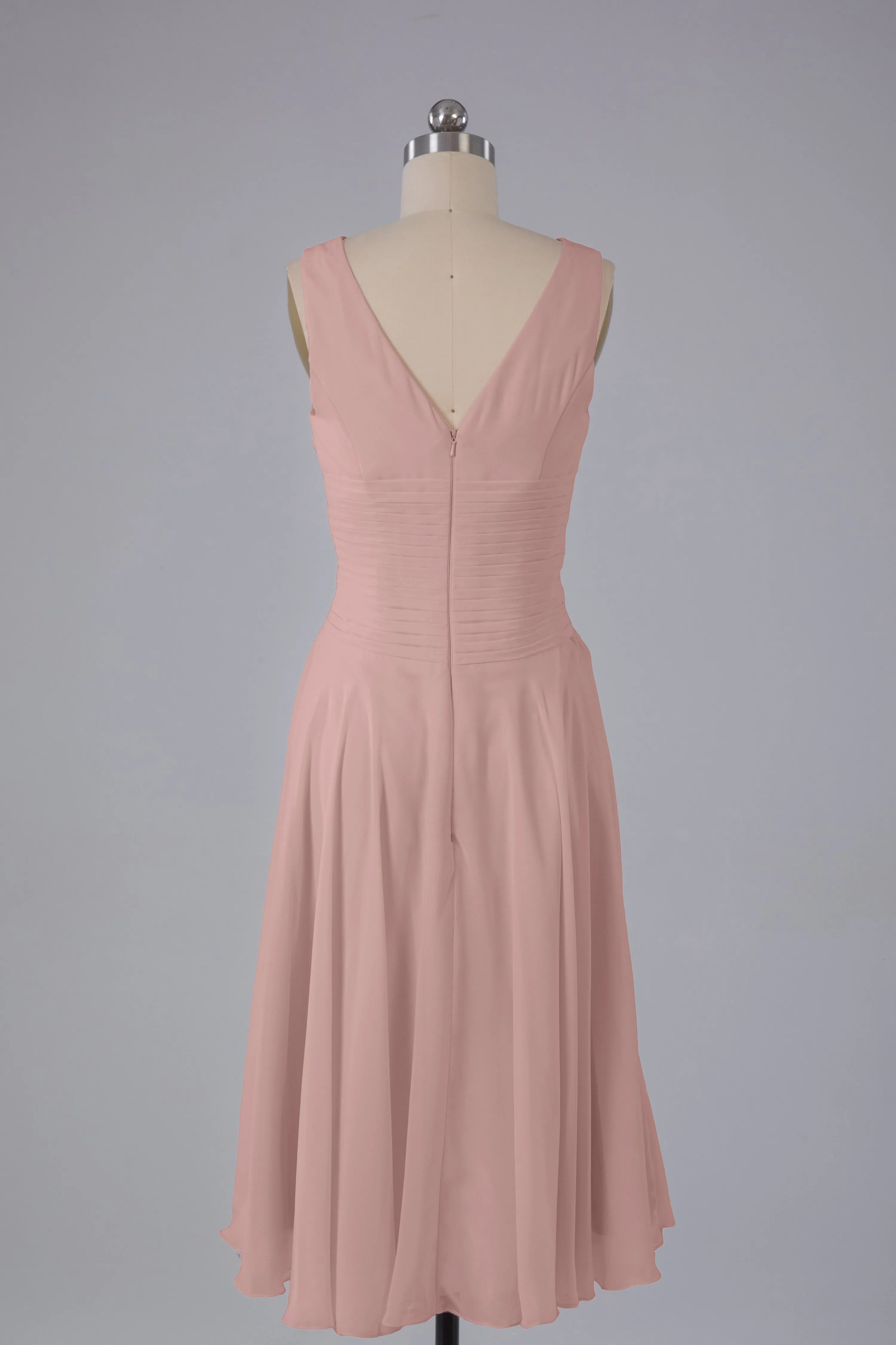 Simple V Neck Knee Length Bridesmaid Dresses with Pearls
